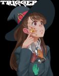  1girl akko_kagari bangs brown_hair coin disembodied_limb doyora hands hat highres little_witch_academia long_hair solo trigger_(company) violet_eyes what witch_hat 
