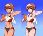  1girl bottle breasts brown_eyes brown_hair character_request cowboy_shot dark_skin hairband looking_at_viewer midriff navel puge short_hair short_shorts shorts solo sports_bra sweat tan toned variations water_bottle wiping_sweat 