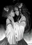  2girls ahoge closed_eyes detached_sleeves doyora greyscale hiei_(kantai_collection) incipient_kiss kantai_collection kongou_(kantai_collection) long_hair monochrome multiple_girls nontraditional_miko short_hair yuri 