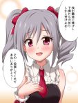  1girl drill_hair idolmaster idolmaster_cinderella_girls kanzaki_ranko long_hair looking_at_viewer open_mouth red_eyes silver_hair smile solo translation_request twin_drills twintails uraichishi 