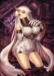  1girl blush breasts claws detached_sleeves dress horn kaizeru kantai_collection large_breasts long_hair looking_at_viewer red_eyes ribbed_dress seaport_hime shinkaisei-kan short_dress sideboob solo very_long_hair white_hair 