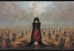  1girl absurdly_long_hair black_hair clouds cloudy_sky crying graveyard hime_cut houraisan_kaguya inari_(flandoll-scarlet-devil) long_hair shirt sitting skirt sky solo touhou very_long_hair 