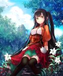  1girl arm_support between_breasts bird black_hair black_legwear breasts brown_eyes castle corset cowboy_shot dress flower jewelry knees_together_feet_apart light_smile long_hair looking_at_viewer necklace original outdoors side_ponytail sitting solo thigh-highs tree uro_(uro_zi) very_long_hair zettai_ryouiki 