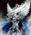  1boy angel_wings armor artist_request cape chaos_online elcid_(chaos_online) gauntlets light_brown_hair male_focus official_art short_hair solo sword weapon wings 