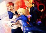  1girl 3boys avalon_(fate/stay_night) emiya_shirou fate/stay_night fate_(series) gate_of_babylon gilgamesh kotomine_kirei multiple_boys naoko_(juvenile) saber sheath 