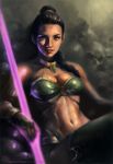  1girl braid breasts bridal_gauntlets choker cleavage elbow_gloves energy_sword gem gloves green_eyes jade_(mortal_kombat) lam_nguyen large_breasts lips long_hair looking_at_viewer midriff mortal_kombat navel nose realistic reclining single_braid sitting skull solo sword thigh-highs toned weapon 