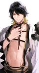  1boy black_hair blonde_hair facial_hair japanese_clothes male_focus multicolored_hair nagasone_kotetsu navel solo stubble touken_ranbu two-tone_hair uhouho14 white_background 