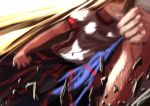  1girl action berabou blonde_hair blurry clenched_hand grin ground_shatter horn hoshiguma_yuugi long_hair motion_blur red_eyes shirt skirt smile solo touhou 