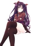 1girl black_legwear blue_eyes blush fate/stay_night fate_(series) frown hair_ribbon highres invisible_chair long_hair long_sleeves looking_at_viewer panties pantyshot pantyshot_(sitting) pleated_skirt purple_hair ribbon shichimaro shiny shiny_clothes shiny_hair simple_background sitting skirt solo thigh-highs toosaka_rin turtleneck two_side_up underwear very_long_hair white_background white_panties 