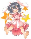  1girl animal_ears barefoot black_hair blush carrot dress feet inaba_tewi jewelry necklace oyatsu_(mk2) pointing rabbit_ears red_eyes short_hair short_sleeves smile soles solo toes touhou 