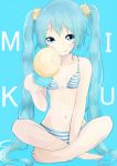  1girl :q aqua_eyes aqua_hair bikini blush character_name food food_on_face hatsune_miku ice_cream indian_style long_hair looking_at_viewer navel sitting smile solo striped striped_bikini striped_swimsuit swimsuit tongue tongue_out twintails very_long_hair vocaloid 