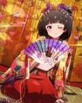  1girl brown_eyes brown_hair fan hair_ornament holding idolmaster idolmaster_million_live! japanese_clothes kneeling looking_at_viewer musical_note nakatani_iku one_eye_closed short_hair smile solo 