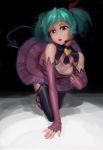  1girl all_fours alternate_hair_length alternate_hairstyle aqua_eyes aqua_hair bare_shoulders cleavage_cutout cleavage_reach demon_tail doyora elbow_gloves fingerless_gloves gloves hatsune_miku headset heart_hunter looking_at_viewer project_diva project_diva_(series) short_twintails small_breasts solo tail twintails 