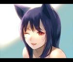  1girl ahri animal_ears black_hair facial_mark fox_ears hamamo league_of_legends long_hair looking_at_viewer lowres one_eye_closed open_mouth red_eyes solo 