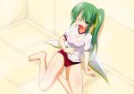  1girl ;o against_wall alternate_costume arm_support barefoot blush bra breasts commentary_request daiyousei fairy_wings green_eyes green_hair gym_uniform hair_ribbon highres kurenaidahlia one_eye_closed ribbon short_sleeves side_ponytail sweat tile_floor tiles touhou underwear wet wet_clothes wings 