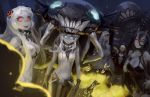  5girls battleship-symbiotic_hime bikini_top black_dress black_gloves black_hair blue_eyes breasts cannon cleavage doyora dress gloves glowing glowing_eyes hood horn horns kantai_collection large_breasts leotard long_hair monster multiple_girls northern_ocean_hime oni_horns pale_skin re-class_battleship red_eyes ringed_eyes seaport_hime shinkaisei-kan underwater white_hair white_skin wo-class_aircraft_carrier 