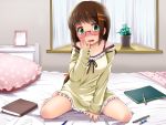  1girl bare_legs blush book brown_hair drawing_equipment eraser glasses green_eyes hand_to_head kozue_akari looking_at_viewer nightgown open_mouth original pen pillow plant potted_plant sitting solo wariza window 