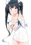  1girl bare_shoulders black_hair blue_eyes blush breasts cleavage cleavage_cutout ddal dress dungeon_ni_deai_wo_motomeru_no_wa_machigatteiru_darou_ka gloves hair_ribbon hestia_(danmachi) highres holding large_breasts long_hair looking_at_viewer off_shoulder rei_no_himo revision ribbon smile solo twintails undressing very_long_hair white_background white_dress white_gloves 