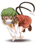  1girl all_fours animal_ears brown_hair cat_ears cat_tail chen fish fish_in_mouth food_in_mouth hair_between_eyes jewelry long_sleeves mob_cap multiple_tails nekomata rakugakiyarou short_hair simple_background single_earring solo tail touhou two_tails white_background 