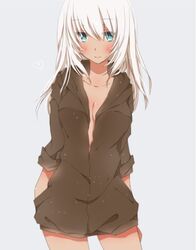  1girl blue_eyes blush breasts cleavage collarbone dark_skin heart hiro_(hirohiro31) long_hair naked_shirt original shirt silver_hair smile solo tan white_hair 