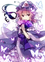  1girl butterfly fan folding_fan goshoguruma hat japanese_clothes perfect_cherry_blossom pink_eyes pink_hair saigyouji_yuyuko saigyouji_yuyuko&#039;s_fan_design short_hair smile solo suzuna_(mark_of_luck) touhou triangular_headpiece 