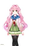  1girl artist_name black_legwear cherry_blossoms dress green_dress green_eyes jacket long_hair looking_at_viewer open_clothes open_jacket original pink_hair sailor_collar simple_background smile solo thigh-highs tobbang twintails white_background zettai_ryouiki 