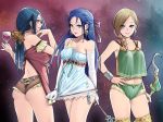  3girls alcohol bianca blue_eyes blue_hair bow_(weapon) braid breasts cleavage cup dragon_quest dragon_quest_ix dragon_quest_v dress dress_pull earrings elbow_gloves flora gloves hair_ribbon jewelry long_hair looking_at_viewer multiple_girls nail_polish navel pao_(otomogohan) ponytail ribbon ruida thigh-highs wand weapon white_dress white_gloves wine wine_glass 