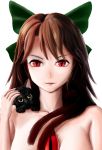  1girl animal_on_shoulder bow brown_hair expressionless hair_bow kaenbyou_rin kaenbyou_rin_(cat) kz_(kuji_r) lips looking_at_viewer multiple_tails red_eyes reiuji_utsuho short_hair simple_background slit_pupils tail third_eye topless touhou upper_body white_background 