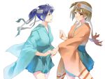  2girls absurdres blue_eyes blue_hair brown_eyes brown_hair green_skirt hakama_skirt headband highres hiryuu_(kantai_collection) holding_hands hunter.g japanese_clothes kantai_collection looking_at_another multiple_girls pleated_skirt short_hair skirt souryuu_(kantai_collection) twintails 
