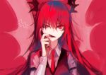  1girl bat_wings finger_in_mouth head_wings koakuma long_hair long_sleeves looking_at_viewer necktie open_mouth red_background red_eyes redhead sharp_teeth shirt solo suzki00 touhou upper_body vest wings 