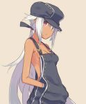  1girl auru_t dark_skin denim hands_in_pockets hat long_hair looking_at_viewer low_ponytail naked_overalls original overalls red_eyes silver_hair solo very_long_hair 