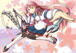  1girl adjustable_wrench akashi_(kantai_collection) aroha_j green_eyes hair_ribbon highres kantai_collection long_hair looking_at_viewer open_mouth pink_hair ribbon school_uniform serafuku side_slit skirt smile solo thigh-highs tress_ribbon twintails wrench 