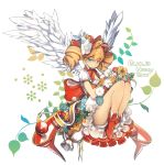  1girl absurdres ankle_boots antenna_hair artist_name blue_eyes boots dated drill_hair feathered_wings flower frills full_body highres honey_bee_(bancoth) leg_hug legs_together long_hair orange_hair original petticoat puffy_short_sleeves puffy_sleeves short_sleeves sitting solo twin_drills wings 