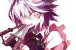  1girl blurry bow clock_eyes dagger frills heterochromia izayoi_sakuya looking_at_viewer mouth_hold puffy_sleeves short_hair silver_hair simple_background solo suzki00 tongue tongue_out touhou upper_body vest weapon white_background 