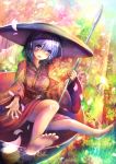  1girl averting_eyes barefoot blush cuby_(dondoriansama) facing_viewer in_bowl in_container japanese_clothes kimono light_rays minigirl multicolored_background needle obi open_hand open_mouth outdoors petals purple_hair sash short_hair solo sukuna_shinmyoumaru sunbeam sunlight touhou violet_eyes 