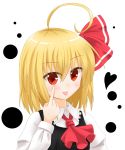  1girl :p ahoge black_dress blonde_hair bow commentary_request dress hair_between_eyes hair_bow heart long_sleeves red_bow red_eyes rumia short_hair simple_background solo tongue tongue_out touhou white_background yamato_tachibana 