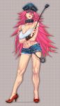  1girl abs bracer breasts cleavage collar contrapposto crop_top crossed_arms cuffs denim denim_shorts final_fight full_body handcuffs hat high_heels large_breasts lips long_hair midriff nail_polish navel parted_lips peaked_cap pink_hair poison_(final_fight) r_(waru) red_shoes riding_crop shoes shorts solo standing strap_slip 