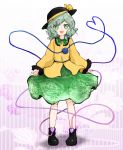  1girl :d ankle_boots blouse blush boots crazy_smile creepy_eyes green_eyes green_hair hat heart heart_of_string highres huyusilver komeiji_koishi long_sleeves looking_at_viewer open_mouth ringed_eyes short_hair skirt smile solo sun_hat third_eye touhou 