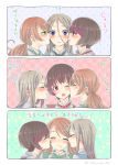  !? 3girls blue_eyes brown_hair cheek_kiss cheek_licking closed_eyes comic earrings face_licking fang green_eyes grey_hair jewelry kiss licking long_hair multiple_girls purple_hair short_hair tadano_kagekichi translation_request tsubaki_kureha twintails violet_eyes yuri yuri_kuma_arashi yurigasaki_lulu yurishiro_ginko 