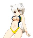  1girl animal_ears bare_arms bare_shoulders belly blush breast_suppress breasts competition_swimsuit frown hitotsubashi_inari inubashiri_momiji looking_at_viewer navel one-piece_swimsuit red_eyes revealing_clothes short_hair solo swimsuit tail thighs touhou under_boob white_hair wolf_ears wolf_tail wristband 