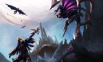  1boy 1girl absurdres bird boots bow_(weapon) butterfly crossbow dagger feathers gauntlets greaves headpiece highres hooded_cloak league_of_legends quinn tagme talon_(league_of_legends) valor_(league_of_legends) weapon wing_(wingho) yellow_eyes 