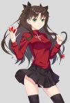  1girl between_fingers brown_hair command_spell fate/stay_night fate_(series) gem green_eyes jewelry long_hair necklace smile solo thigh-highs tohsaka_rin toosaka_rin two_side_up you06 