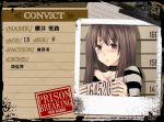  1girl blush brown_eyes brown_hair choker crote long_hair mugshot partially_translated pixiv_no_ankokugai prison_clothes solo striped translation_request 