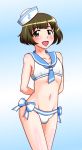  1boy akizuki_ryou arms_behind_back blue_background bow commentary_request hat idolmaster idolmaster_dearly_stars looking_at_viewer male_focus mars_symbol nagiichi navel open_mouth otoko_no_ko sailor_hat sailor_swimsuit_(idolmaster) smile solo standing tagme 