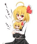  1girl ahoge black_dress blonde_hair bow chibi commentary_request dress fang hair_between_eyes hair_bow highres long_sleeves open_mouth red_bow red_eyes rumia short_hair simple_background touhou translation_request white_background yamato_tachibana 