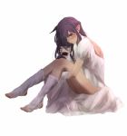  1girl alcohol arm_warmers bare_back blush dress drinking_glass embarrassed from_side full_body holding jendo leg_warmers long_hair moui pointy_ears puffy_short_sleeves puffy_sleeves purple_hair scar scar_on_cheek short_sleeves simple_background sitting toeless_legwear toki_no_daichi white_background white_dress wine 