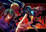  1boy ascot bird blue_hair coat duel_monster foreshortening kurosaki_shun letterboxed male_focus raidraptor_-_rise_falcon robot yellow_eyes yuu-gi-ou yuu-gi-ou_arc-v zeke_(analogmon) 