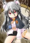  1girl animal_ears buttons chain clock collar grey_hair hair_between_eyes ichimi looking_at_viewer microphone navel original pixiv_fantasia pixiv_fantasia_t red_eyes smile solo tail wolf_ears wolf_tail 