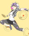  1girl big_hero_6 black_hair brown_eyes bubble_blowing bubblegum capri_pants cropped_jacket disc fingerless_gloves gloves gogo_tomago jumping multicolored_hair outstretched_hand pants purple_hair shoes short_hair skirt sneakers solo two-tone_hair weapon yellow_background zero_(meme_zero) 