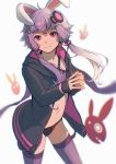  1girl absurdres animal_ears black_panties flat_chest hair_ornament hair_over_shoulder hairclip highres hood_down hooded_jacket jacket long_hair looking_at_viewer low_twintails navel open_clothes open_jacket panties pine_(yellowpine112) purple_hair purple_legwear rabbit_ears smile solo steepled_fingers thigh-highs twintails underwear violet_eyes vocaloid voiceroid yuzuki_yukari 